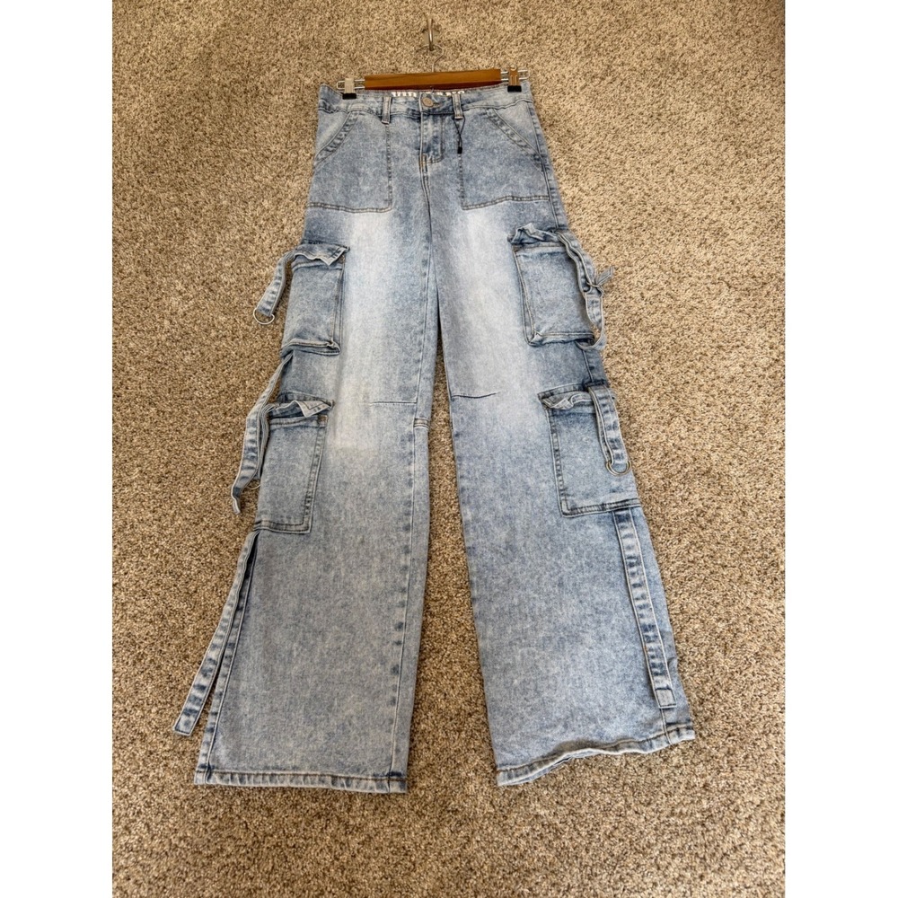 VIP Jeans Womens Light Wash Wide Leg Cargo Pants Acid Wash Multi Pocket Sz 1/25